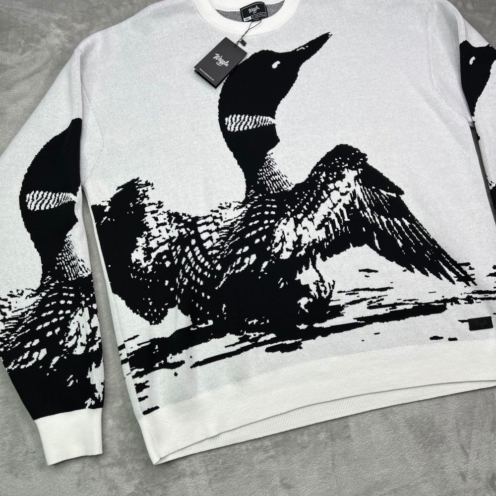 Waggle Loon Call Wildknit Crewneck Sweater Mens XL White Black Bird Graphic - Picture 2 of 11